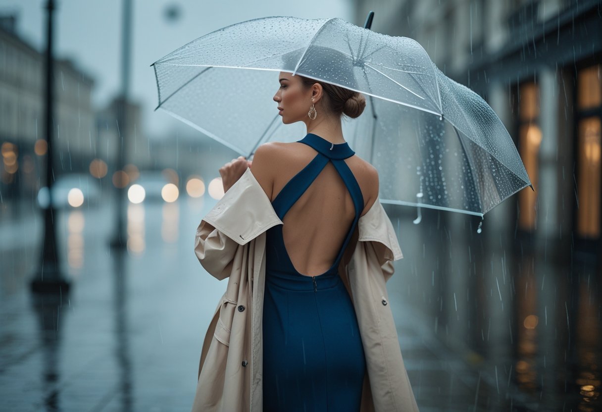 Sådan styler du kjole med åben ryg til regnvejrsdage